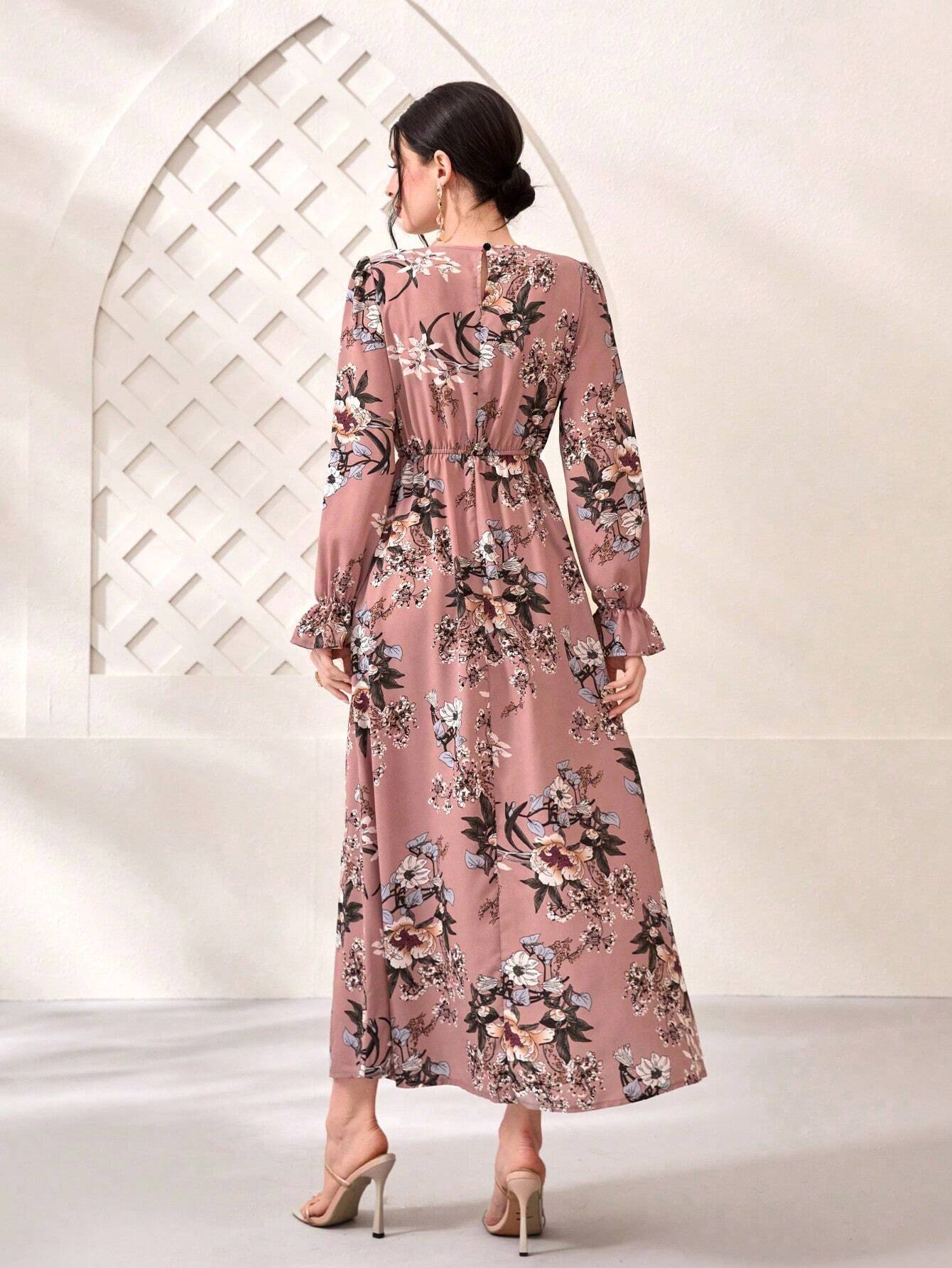 Modely Floral Print Flare Sleeve Dress shein