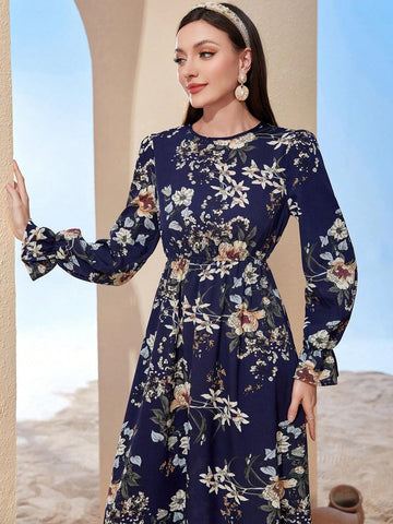 Modely Floral Print Flare Sleeve Dress shein