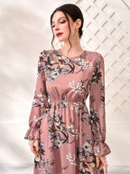 Modely Floral Print Flare Sleeve Dress shein