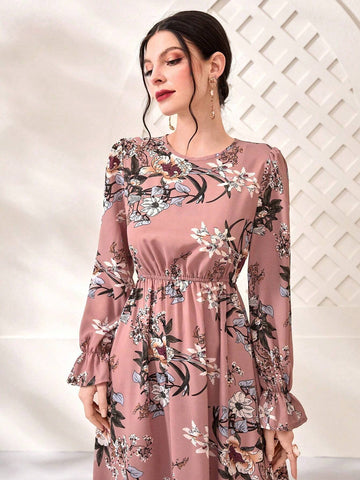 Modely Floral Print Flare Sleeve Dress shein