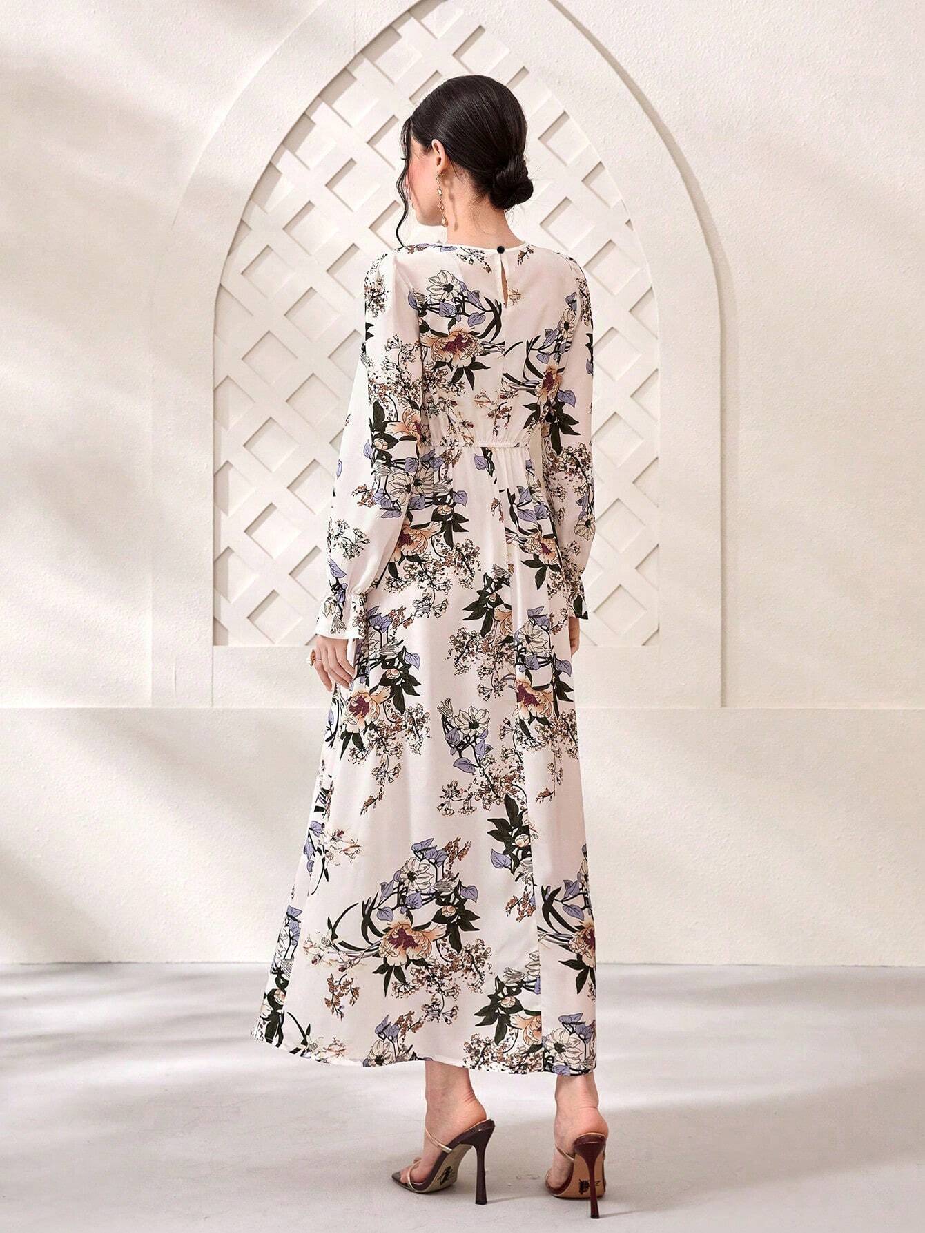 Modely Floral Print Flare Sleeve Dress shein