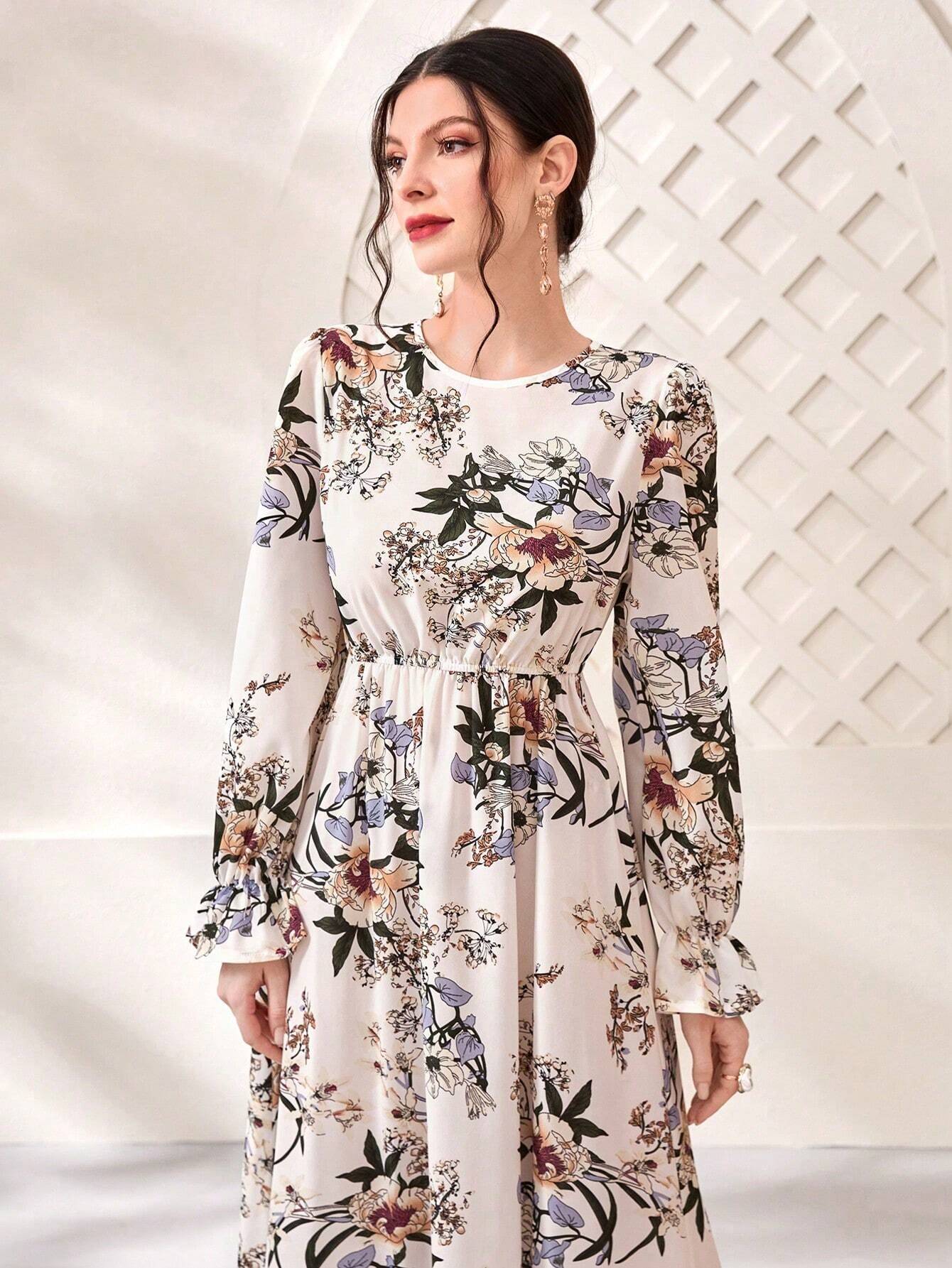Modely Floral Print Flare Sleeve Dress shein