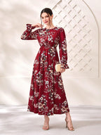 Modely Floral Print Flare Sleeve Dress shein