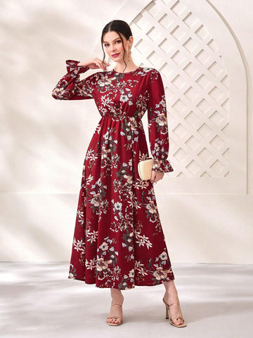 Modely Floral Print Flare Sleeve Dress shein