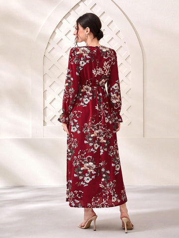 Modely Floral Print Flare Sleeve Dress shein