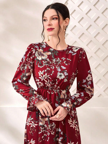 Modely Floral Print Flare Sleeve Dress shein