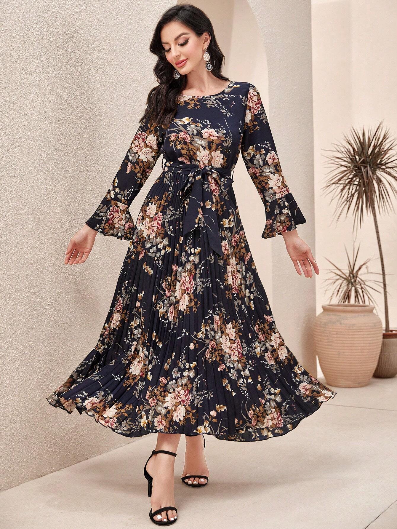 Modely Floral Print Flounce Sleeve Belted Pleated Hem Dress shein