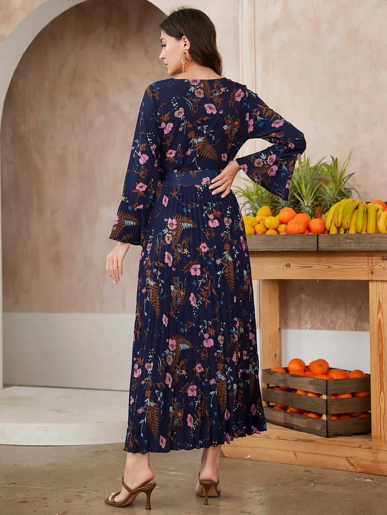 Modely Floral Print Flounce Sleeve Belted Pleated Hem Dress shein