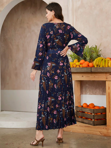 Modely Floral Print Flounce Sleeve Belted Pleated Hem Dress shein