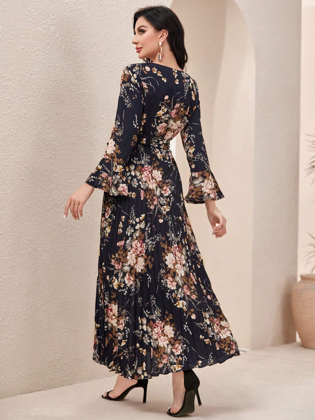 Modely Floral Print Flounce Sleeve Belted Pleated Hem Dress shein