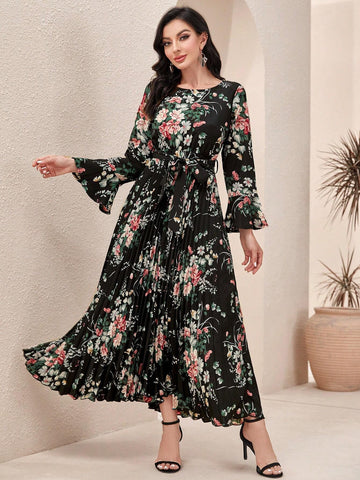 Modely Floral Print Flounce Sleeve Belted Pleated Hem Dress shein