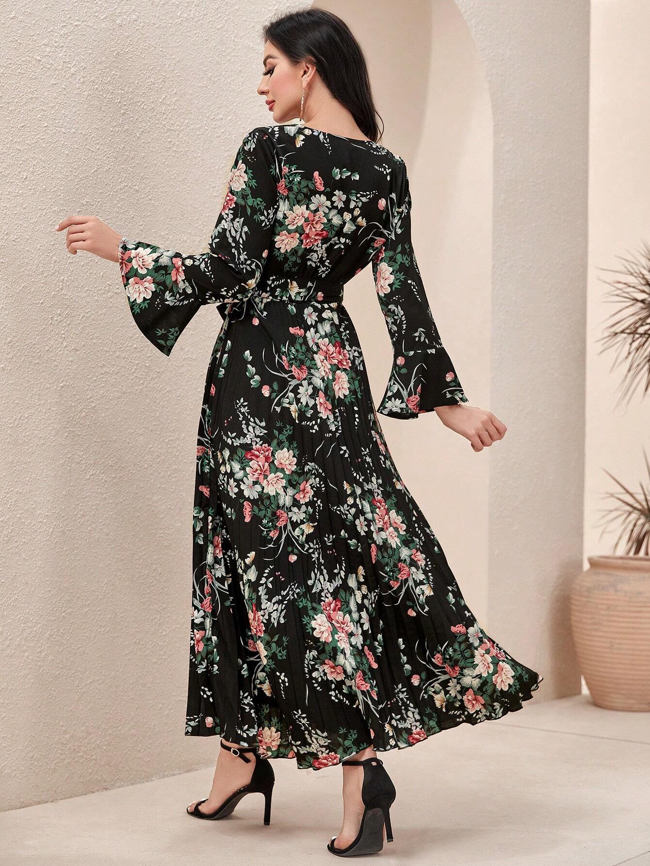 Modely Floral Print Flounce Sleeve Belted Pleated Hem Dress shein