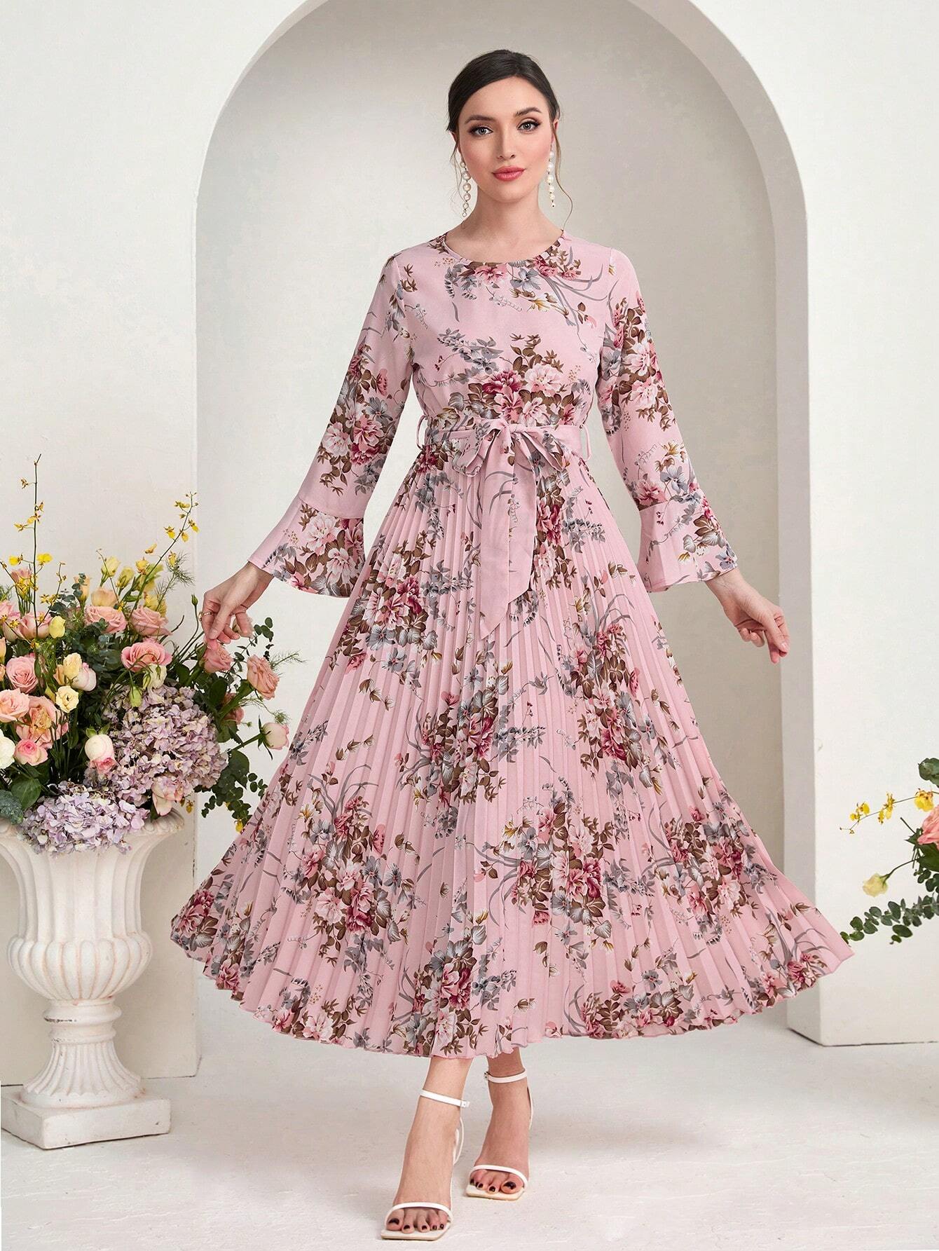 Modely Floral Print Flounce Sleeve Belted Pleated Hem Dress shein