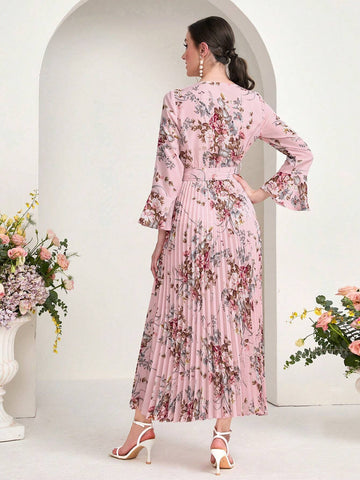 Modely Floral Print Flounce Sleeve Belted Pleated Hem Dress shein