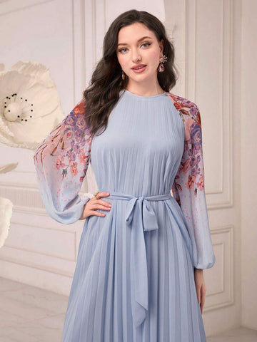 Modely Floral Print Raglan Sleeve Pleated Hem Belted Dress shein