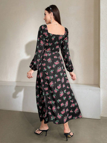 Modely Floral Printed Lantern Sleeve Dress With Sweetheart Neckline shein