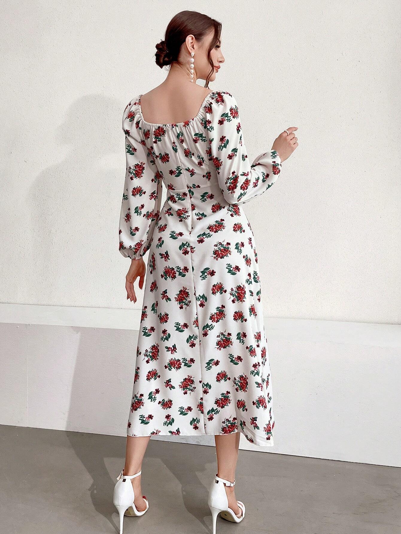 Modely Floral Printed Lantern Sleeve Dress With Sweetheart Neckline shein