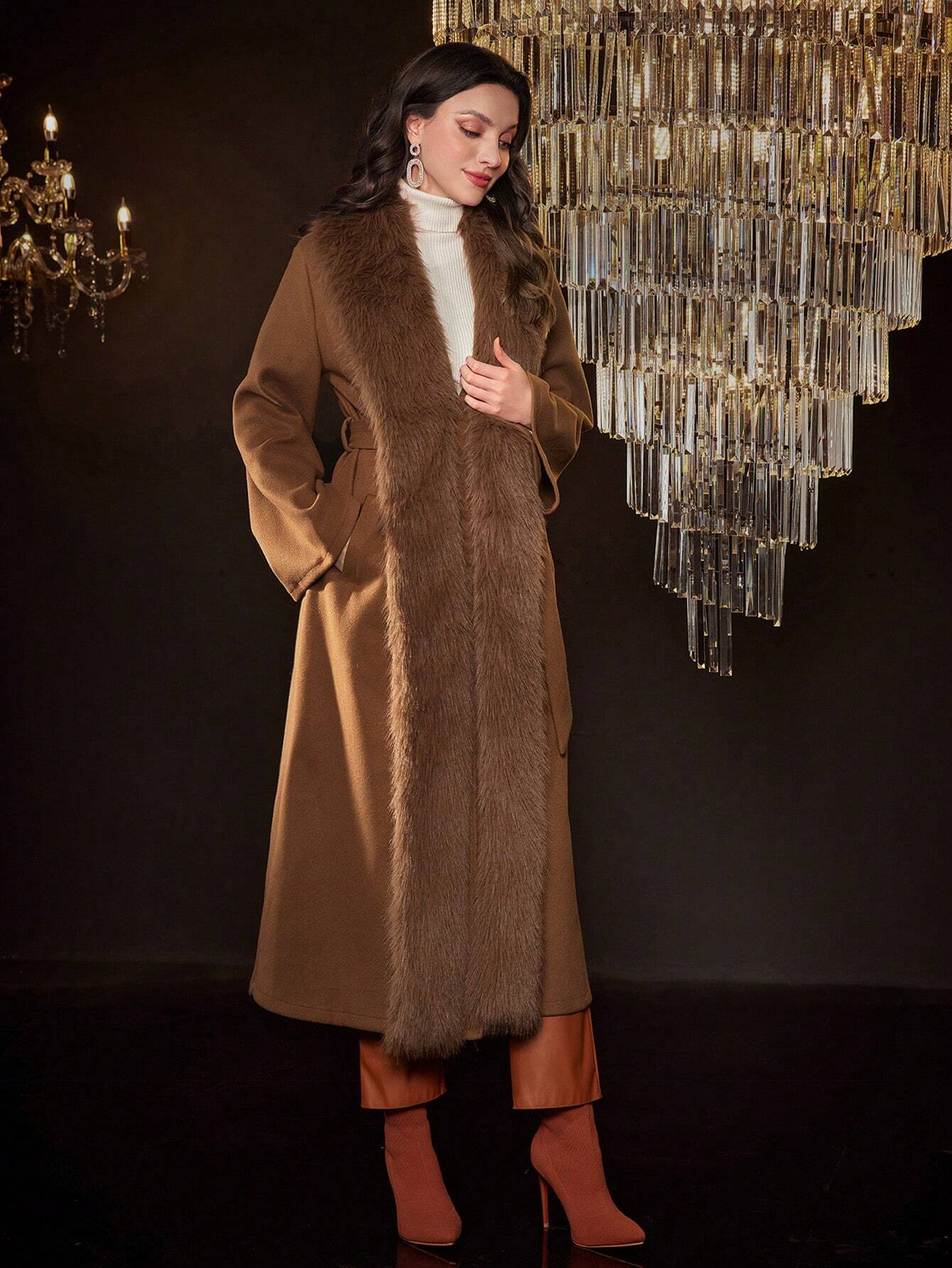 Modely Fuzzy Trim Open Front Overcoat shein