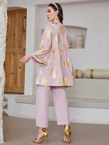 Modely Gold Floral Print Open Front Coat & Pants shein