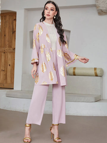 Modely Gold Floral Print Open Front Coat & Pants shein