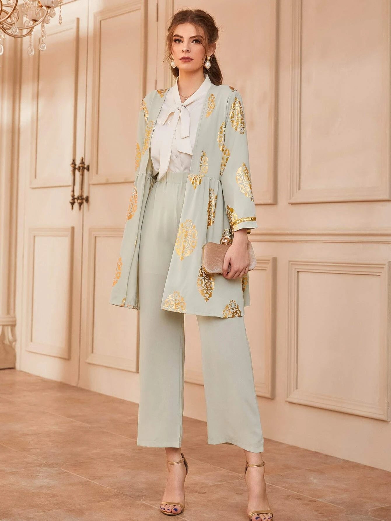 Modely Gold Floral Print Open Front Coat & Pants shein