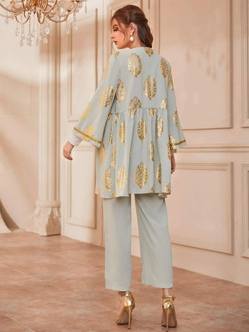 Modely Gold Floral Print Open Front Coat & Pants shein