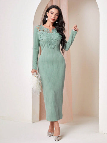 Modely Guipure Lace Insert Notched Neckline Dress shein