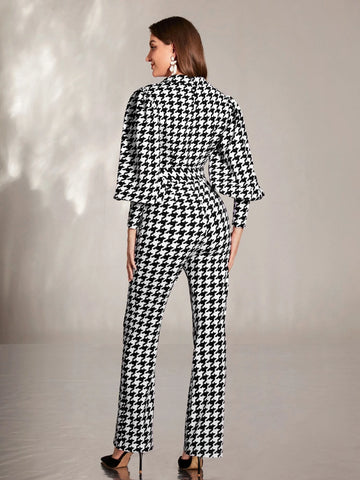 Modely Houndstooth Lantern Sleeve Flare Leg Jumpsuit shein