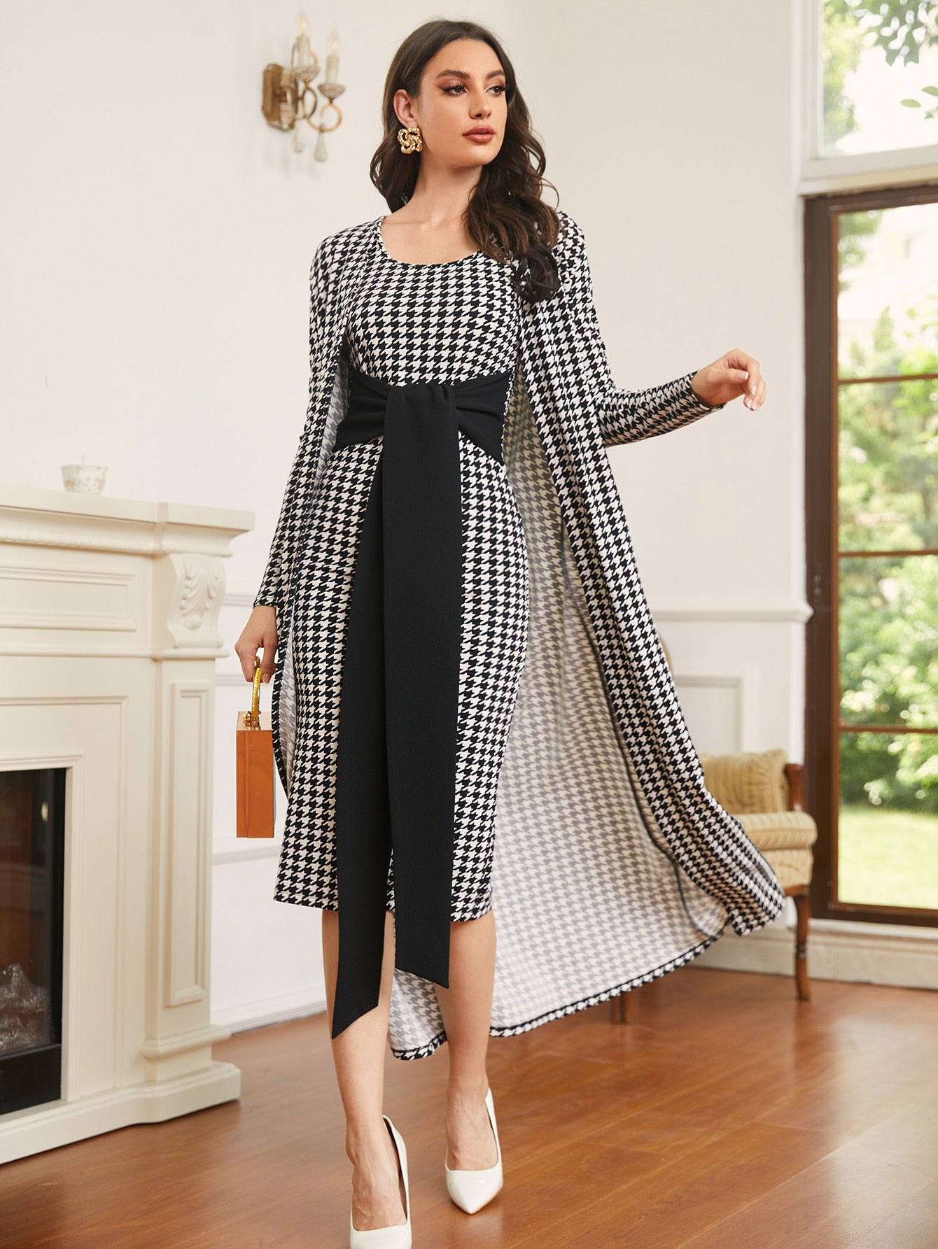 Modely Houndstooth Longline Coat & Knot Front Bodycon Dress shein