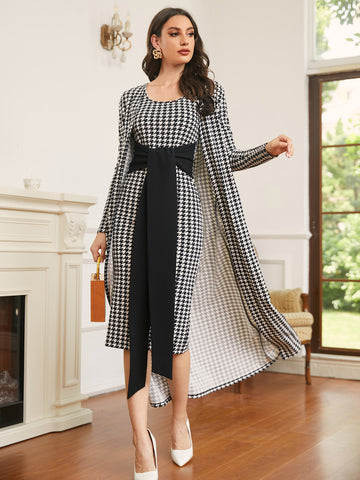 Modely Houndstooth Longline Coat & Knot Front Bodycon Dress shein