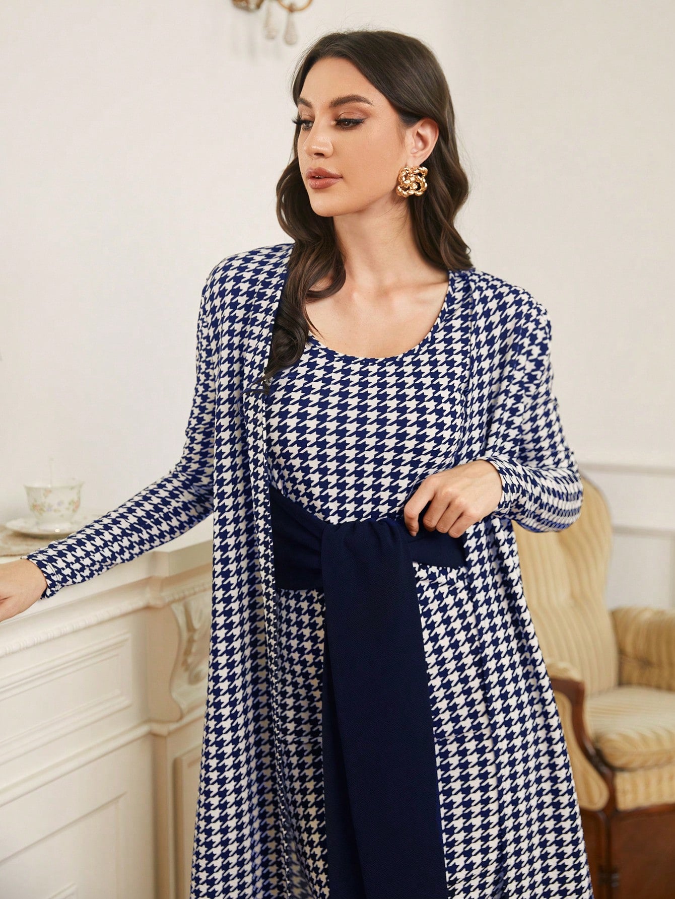 Modely Houndstooth Longline Coat & Knot Front Bodycon Dress shein