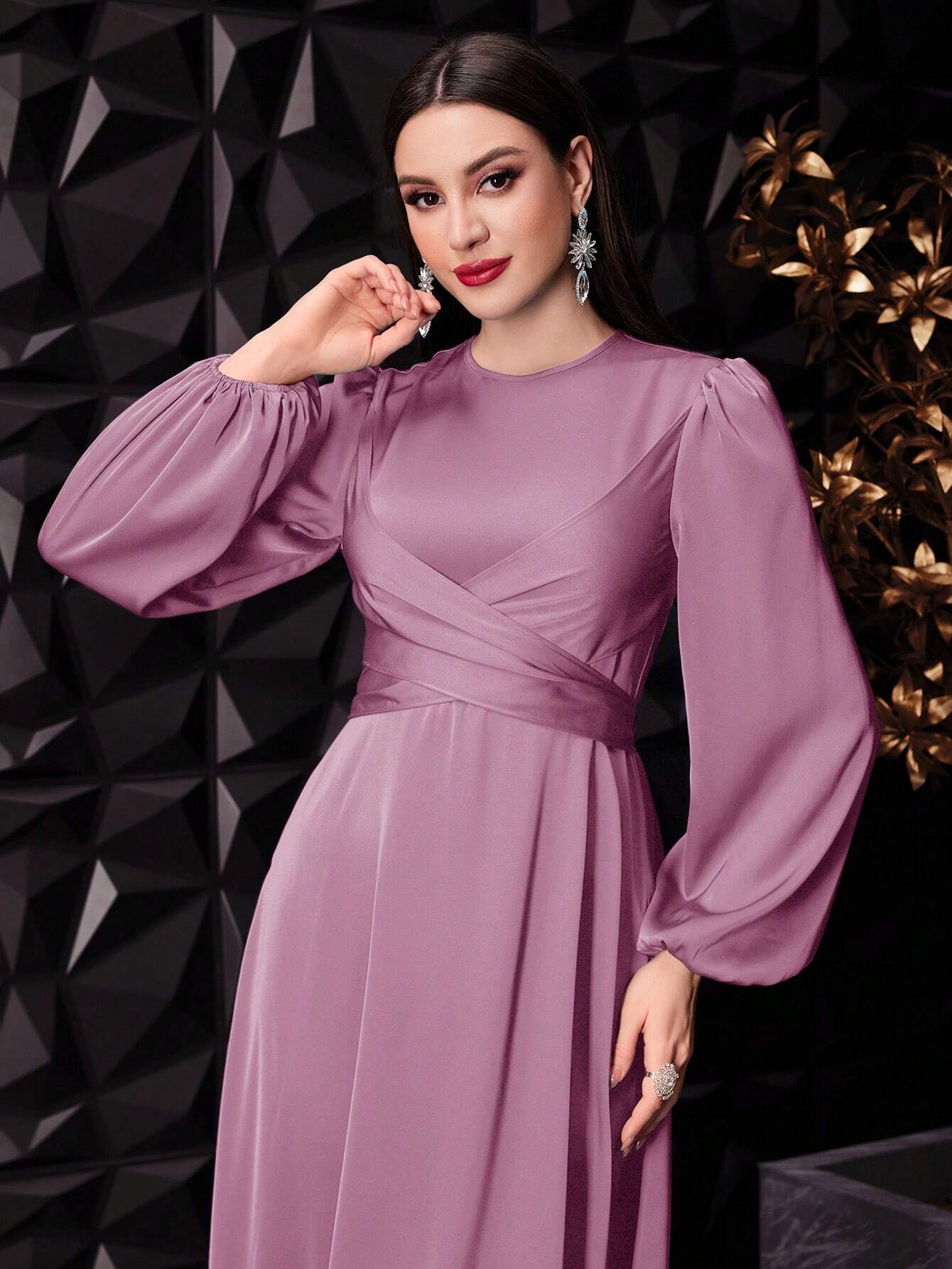 Modely Ladies' Solid Color Round Neck Lantern Sleeve Arabic Style Dress shein