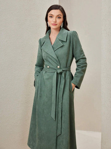 Modely Lapel Neck Belted Coat shein