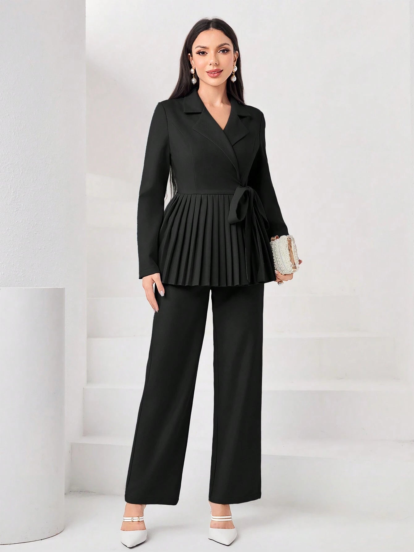 Modely Lapel Neck Pleated Hem Belted Top & Pants shein