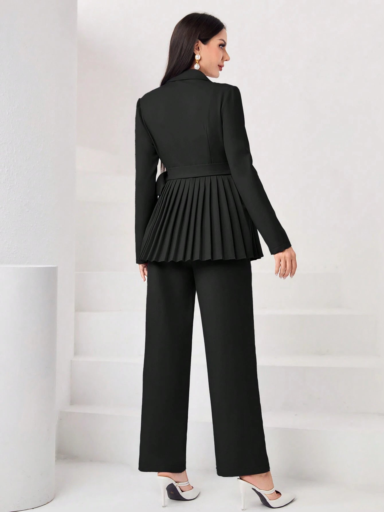 Modely Lapel Neck Pleated Hem Belted Top & Pants shein