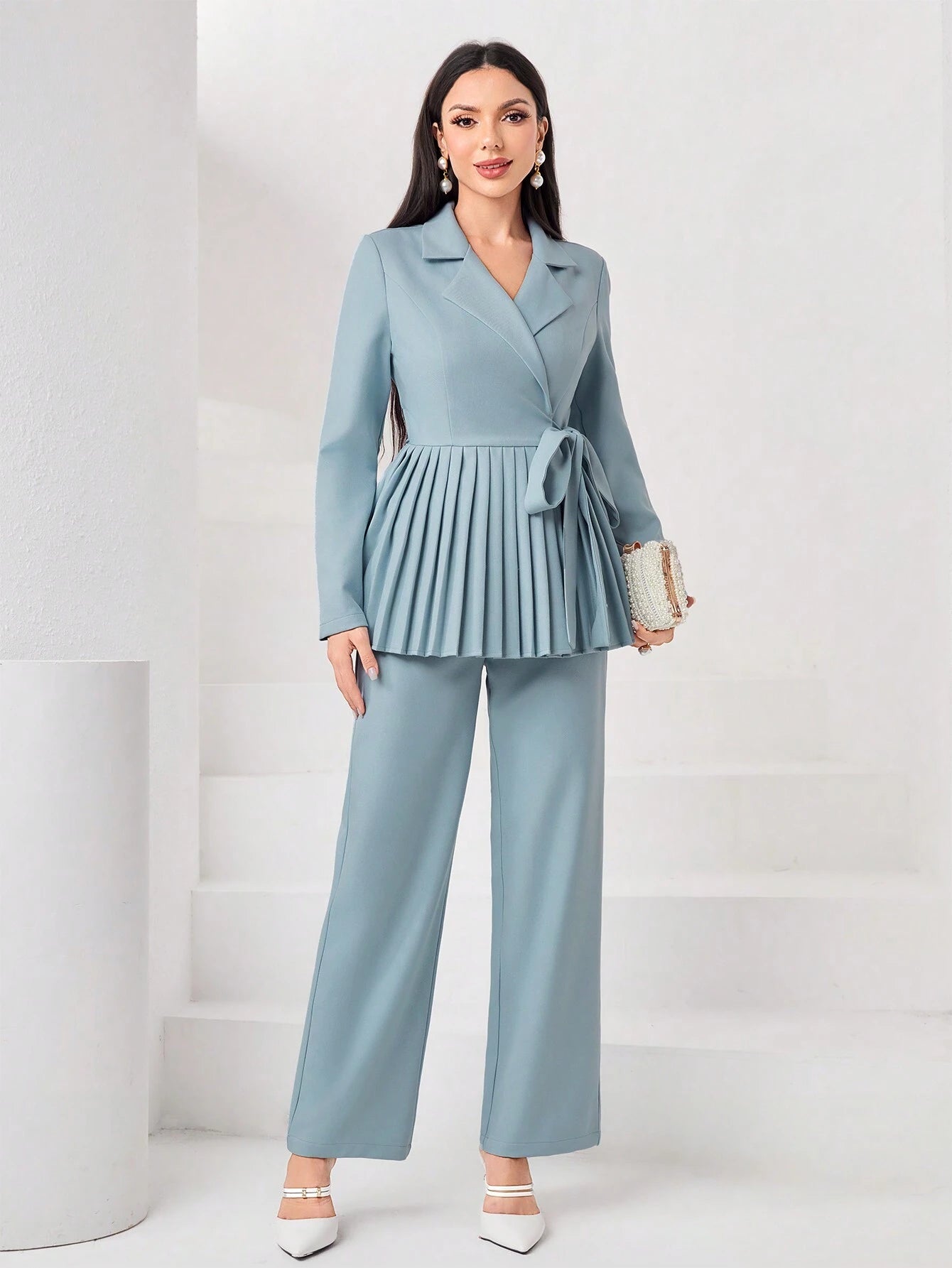 Modely Lapel Neck Pleated Hem Belted Top & Pants shein