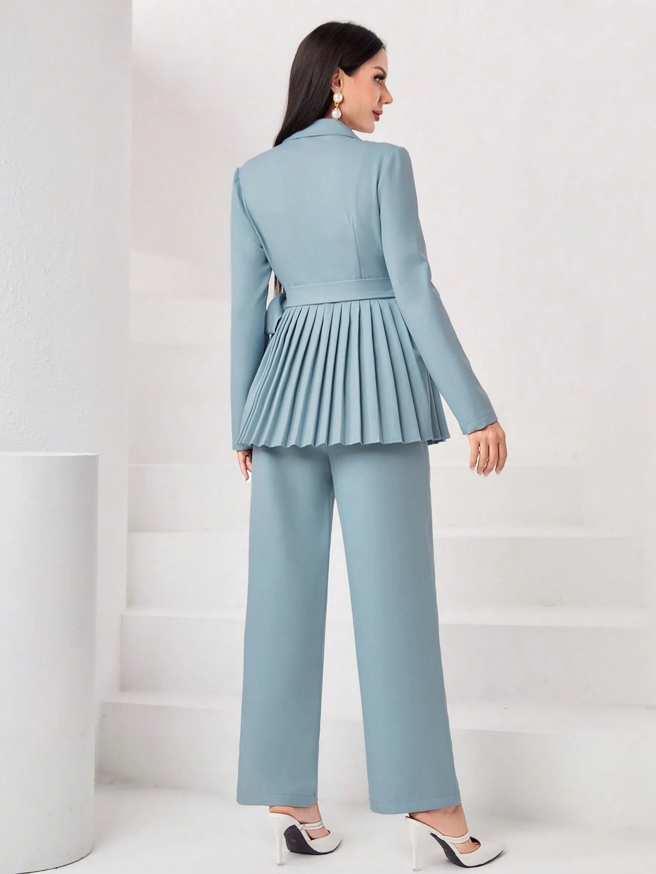 Modely Lapel Neck Pleated Hem Belted Top & Pants shein