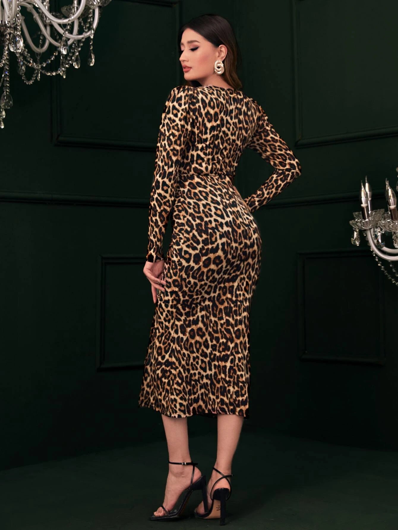 Modely Leopard Print Surplice Neck Split Thigh Dress shein