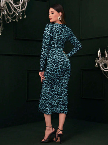 Modely Leopard Print Surplice Neck Split Thigh Dress shein