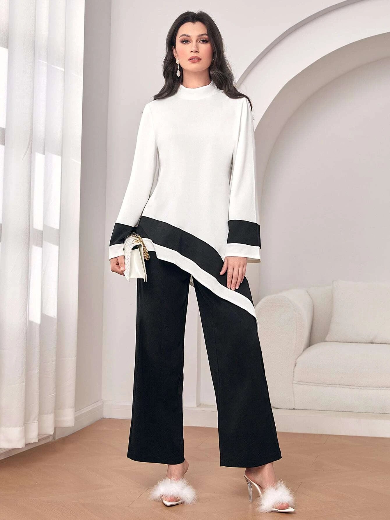 Modely Mock Neck Colorblock Asymmetrical Hem Top & Pants shein