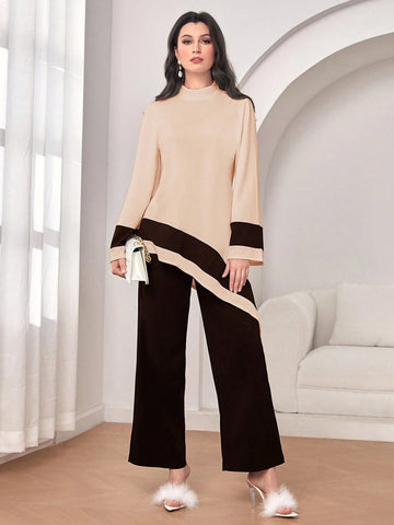 Modely Mock Neck Colorblock Asymmetrical Hem Top & Pants shein