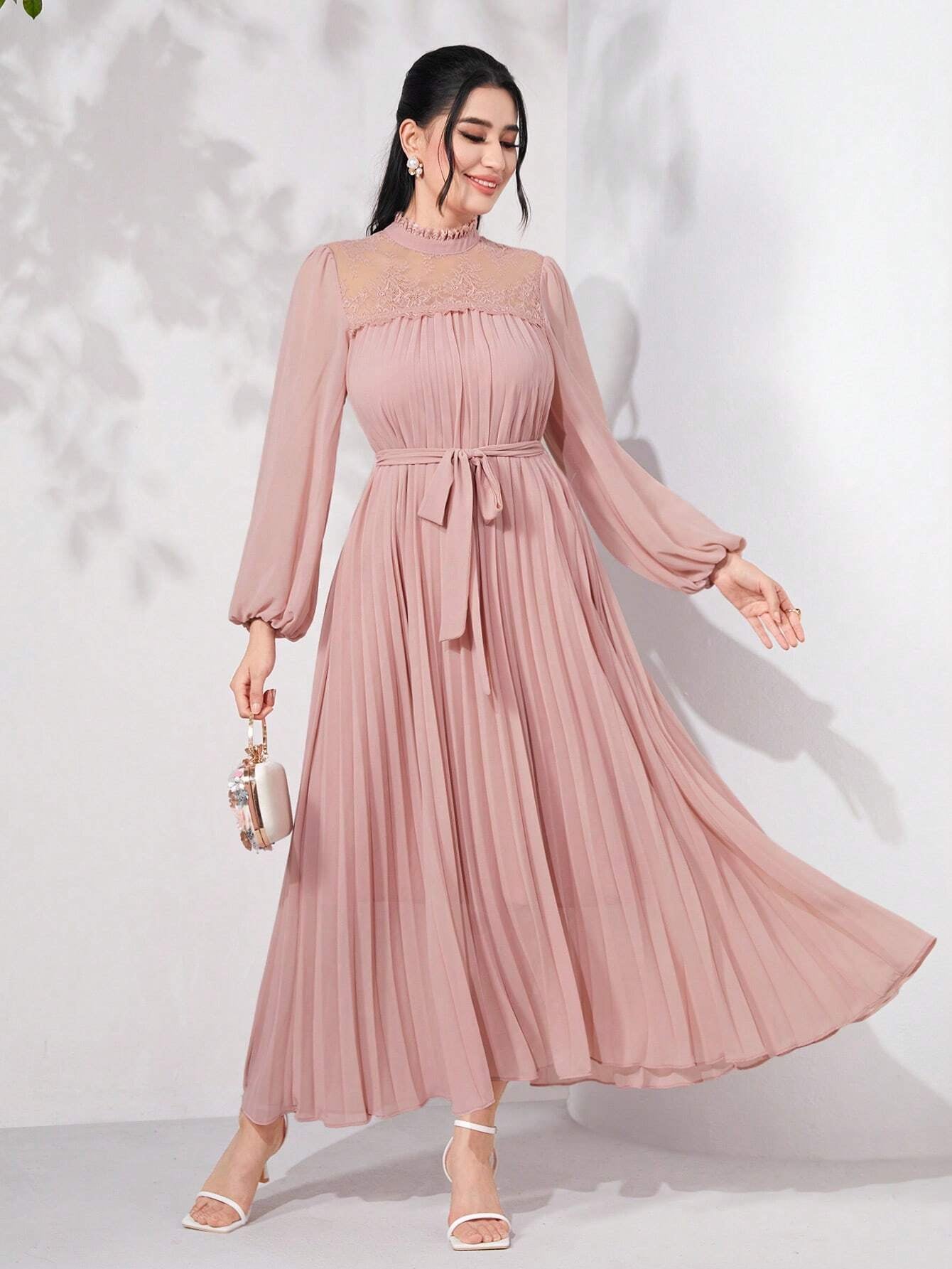 Modely Mock Neck Lantern Sleeve Belted Pleated Hem Dress shein