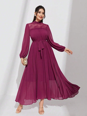 Modely Mock Neck Lantern Sleeve Belted Pleated Hem Dress shein