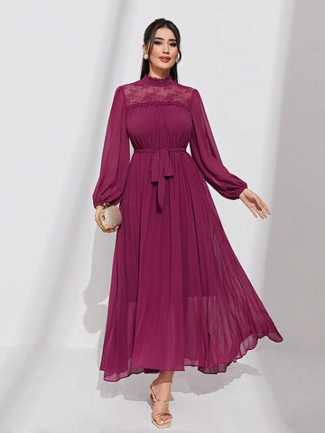 Modely Mock Neck Lantern Sleeve Belted Pleated Hem Dress shein