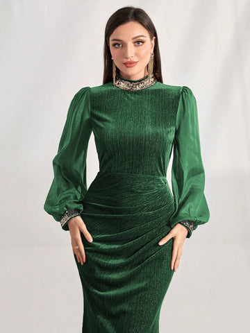 Modely Mock Neck Lantern Sleeve Ruched Velvet Dress shein