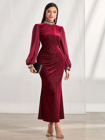 Modely Mock Neck Lantern Sleeve Ruched Velvet Dress shein