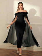 Modely Off Shoulder Fuzzy Trim Split Thigh Chiffon Prom Dress shein