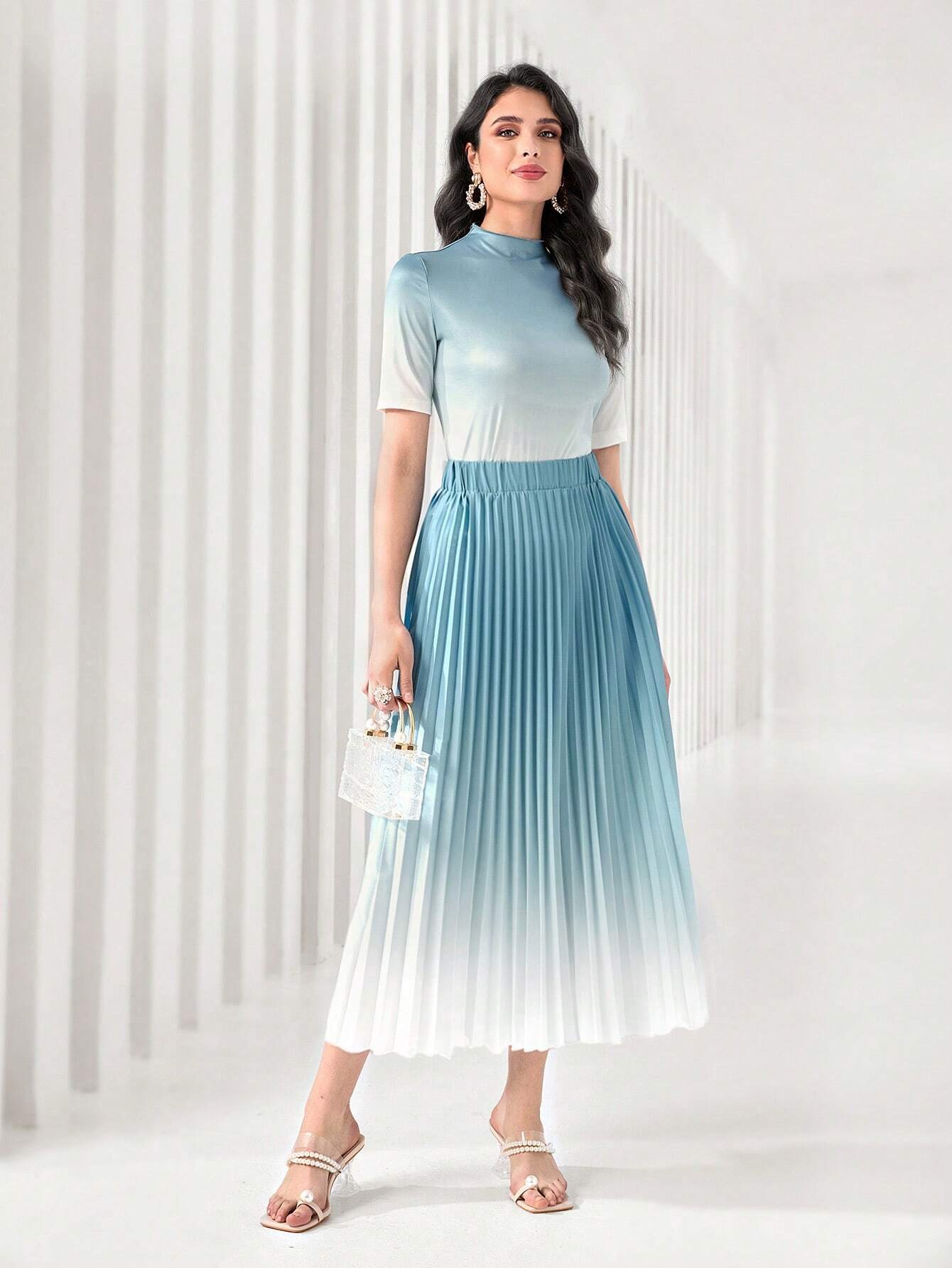 Modely Ombre Mock Neck Tee & Pleated Skirt shein