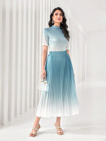 Modely Ombre Mock Neck Tee & Pleated Skirt shein