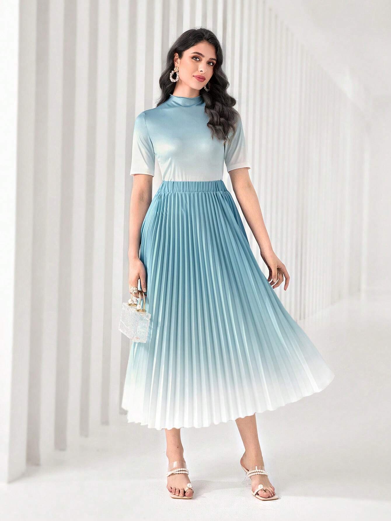 Modely Ombre Mock Neck Tee & Pleated Skirt shein